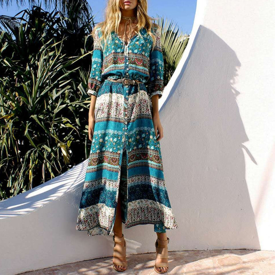 Women's Boho Floral V-Neck Tie Waist Maxi Dress