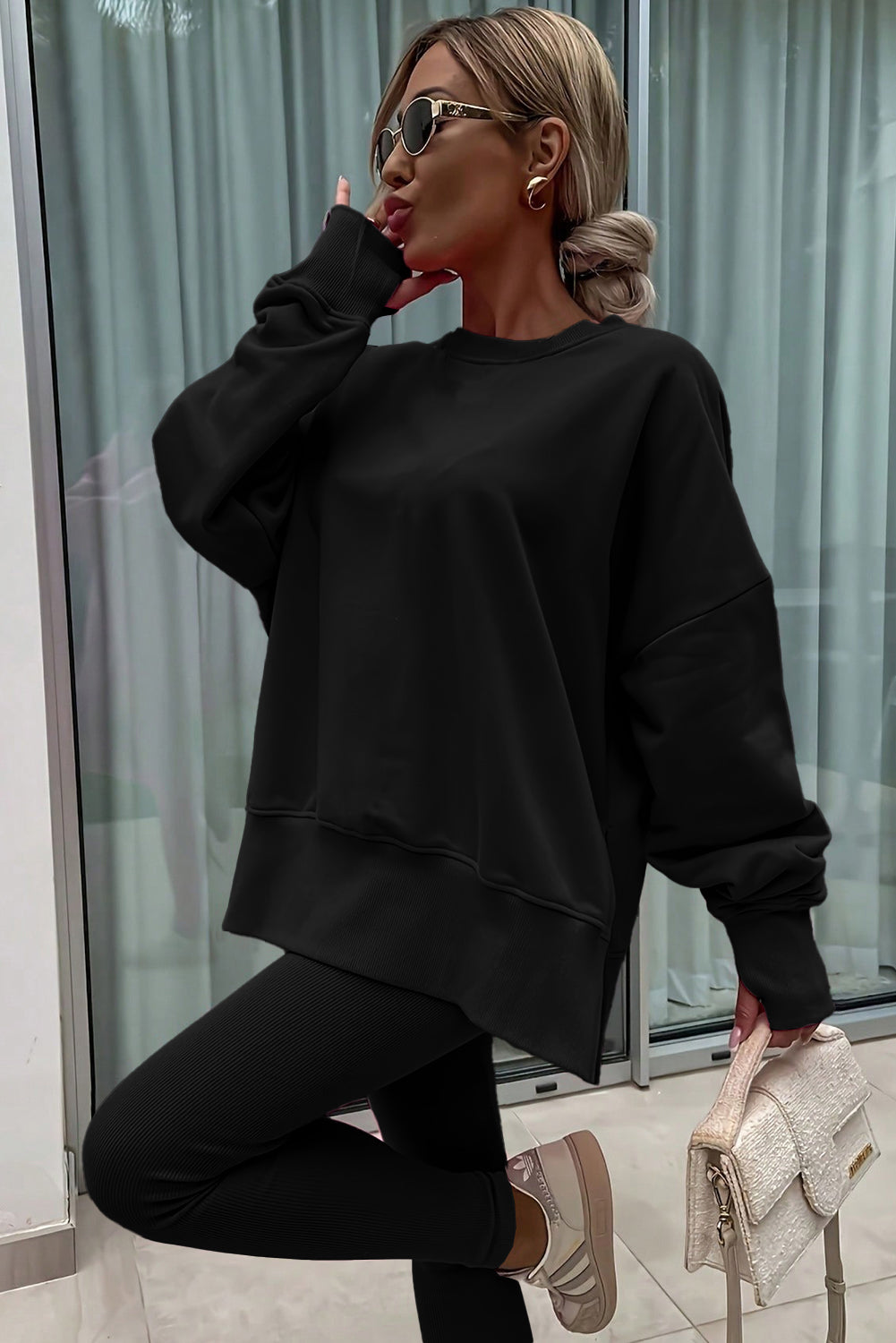 Solid Oversize Slit Sweatshirt with Ribbed Leggings Set