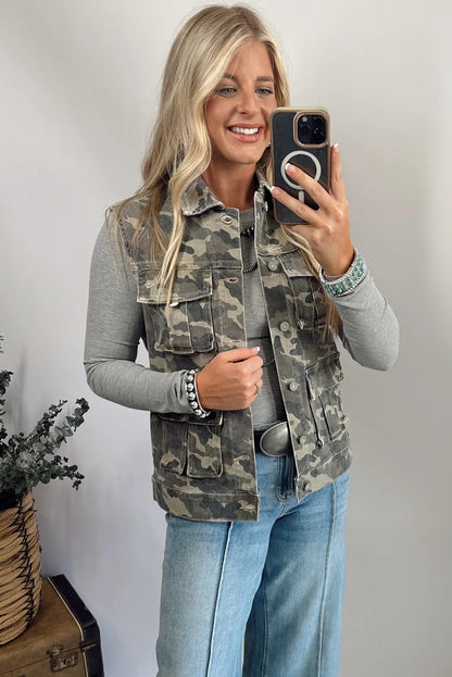 Camo Cargo Button Down Denim Vest with Utility Pockets
