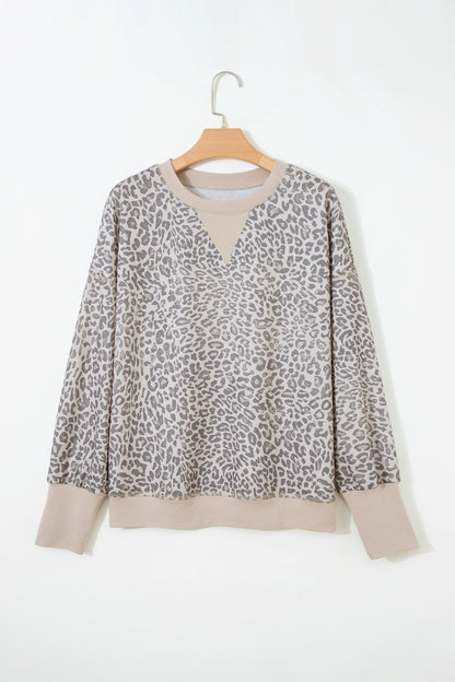 Leopard Print Long Sleeve Crew Neck Casual Sweatshirt