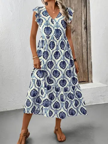 Boho V-Neck Sleeveless Maxi Dress with Floral Print