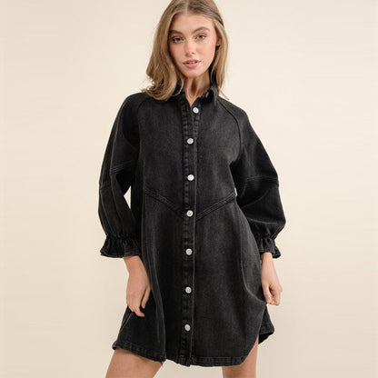 Denim Puff Sleeve Button Shirt Dress Casual Mini Dress