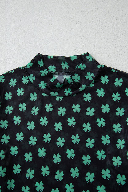 St. Patrick’s Day Shamrock Print Mesh Long Sleeve Bodysuit