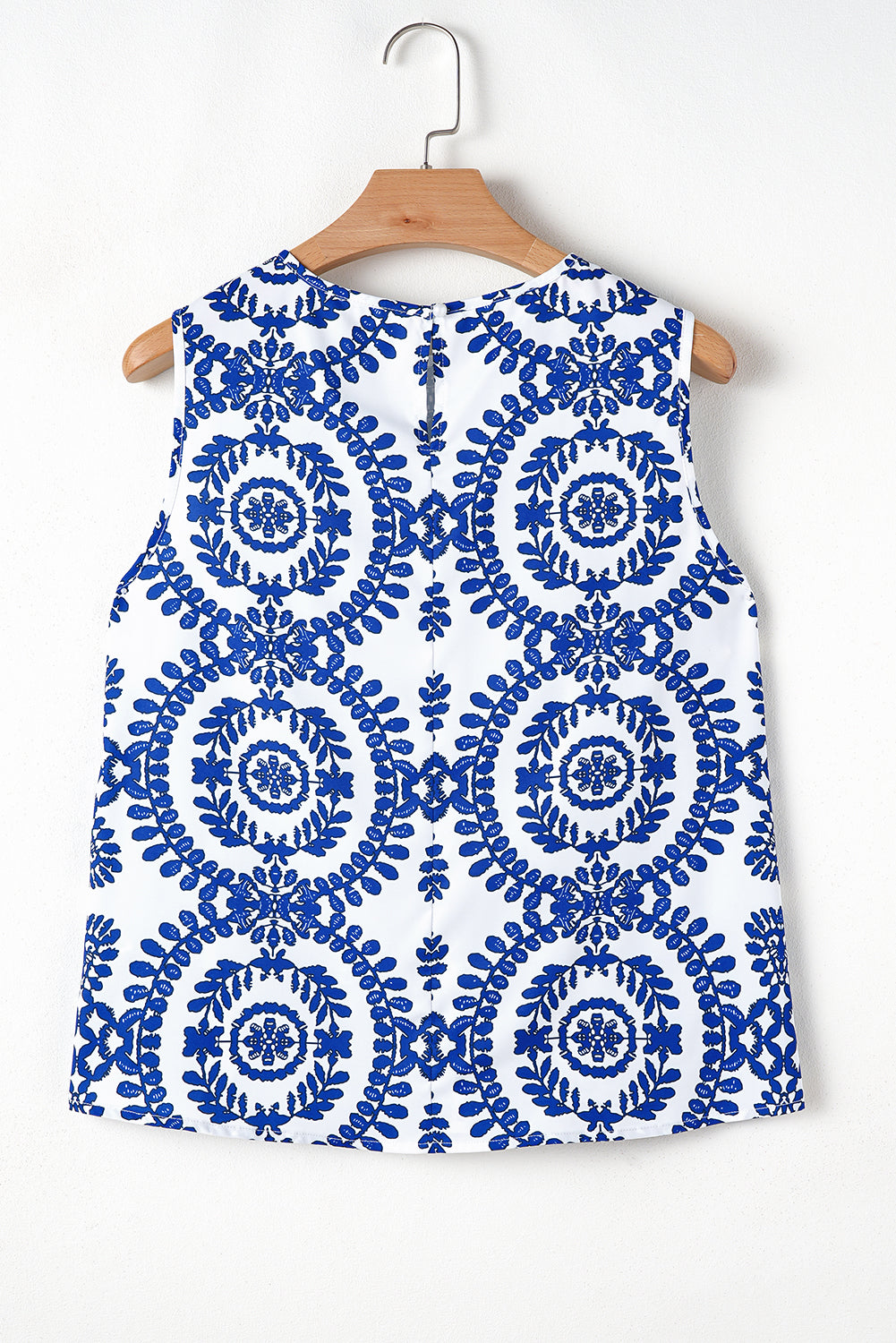 Blue White Vintage Print Pintuck Sleeveless Tank Top
