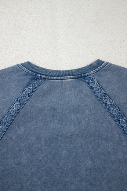 Lace Patchwork Notched Neck Mineral Wash Sweatshirt