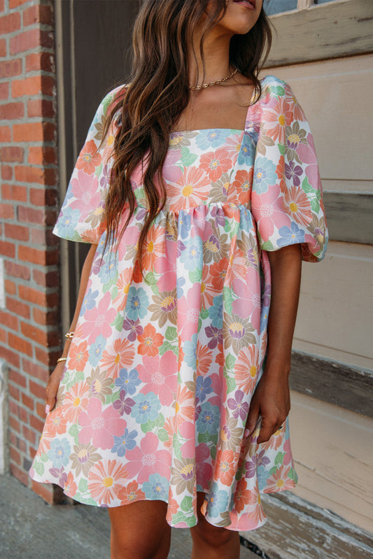 Pink Floral Square Neck Puff Sleeve Babydoll Dress