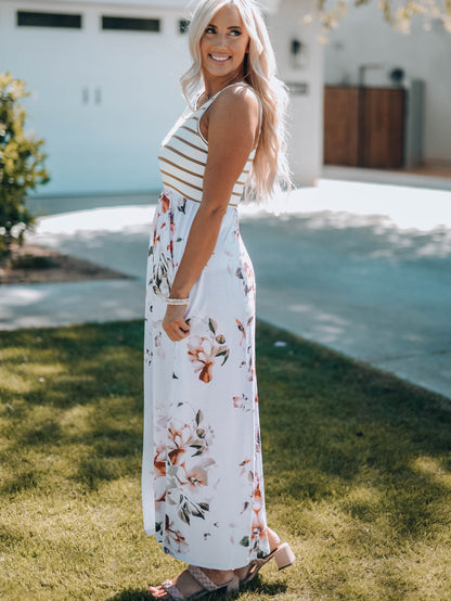 Striped Floral Sleeveless Maxi Dress with Pockets
