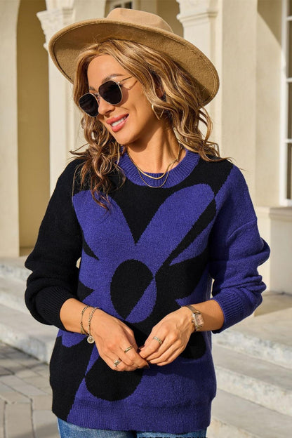 Colorblock Floral Knit Sweater – Pullover Top for Fall Women