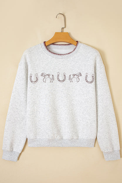 Light Grey Western Print Embroidered Casual Sweatshirt