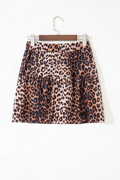 Leopard Print Tiered Mini Skirt Elastic Waist Casual