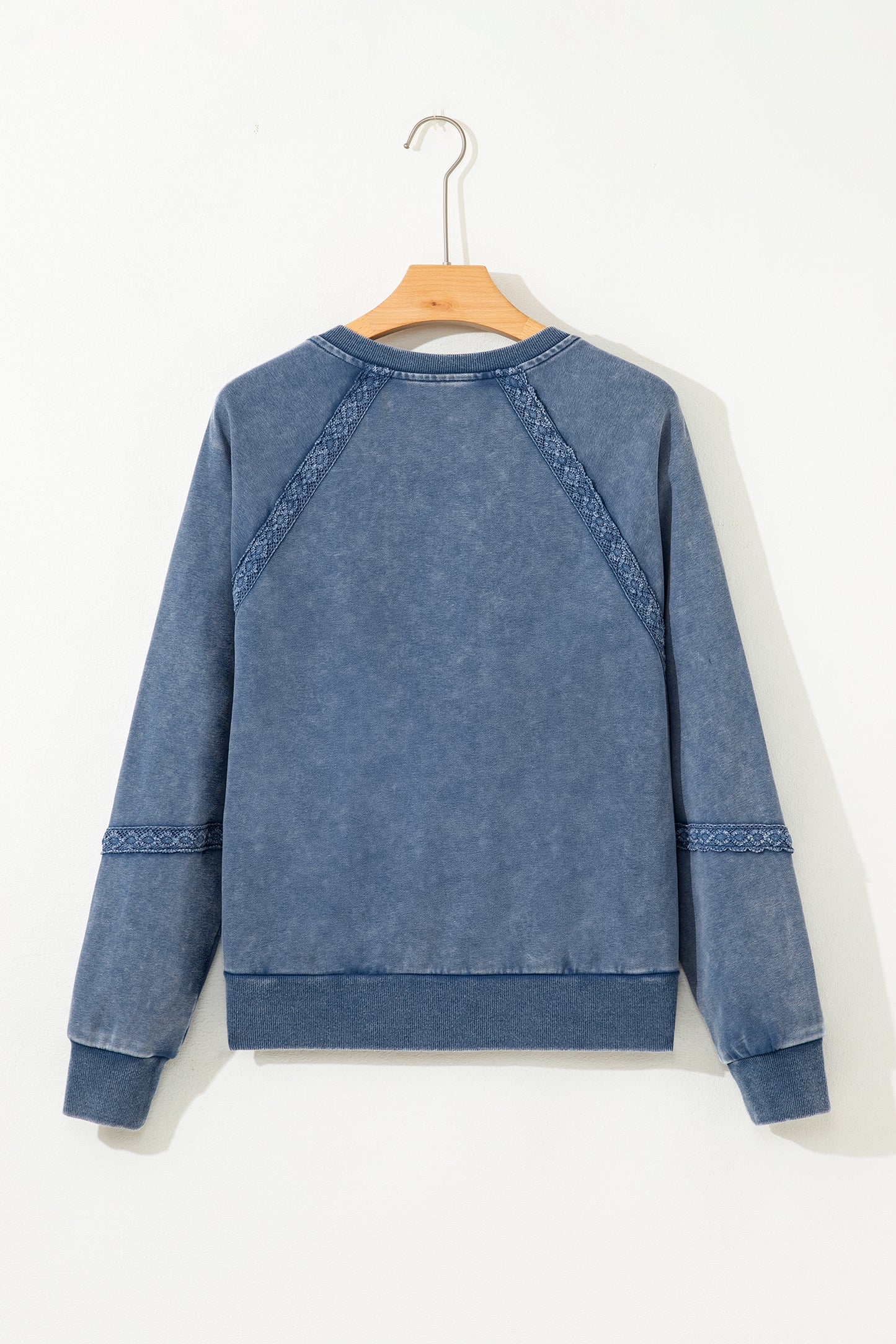 Lace Patchwork Notched Neck Mineral Wash Sweatshirt