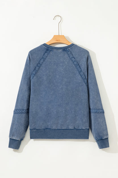 Lace Patchwork Notched Neck Mineral Wash Sweatshirt