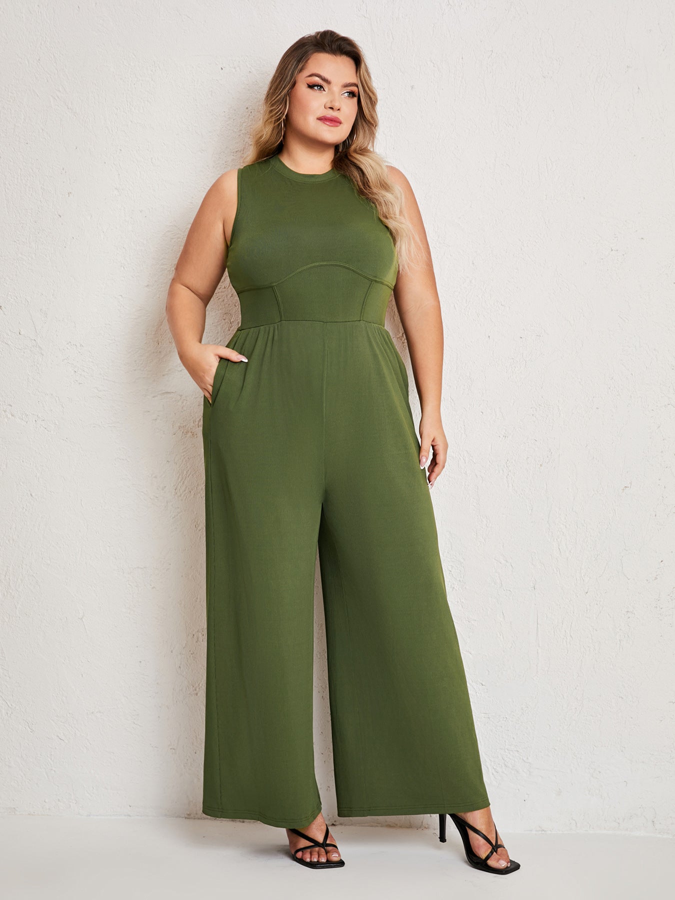 Womens Summer One Piece Sleeveless Wide Leg Pants Rompers With Pockets Plus Size