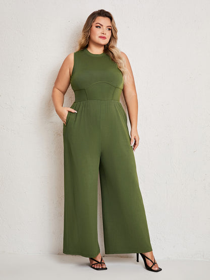 Womens Summer One Piece Sleeveless Wide Leg Pants Rompers With Pockets Plus Size