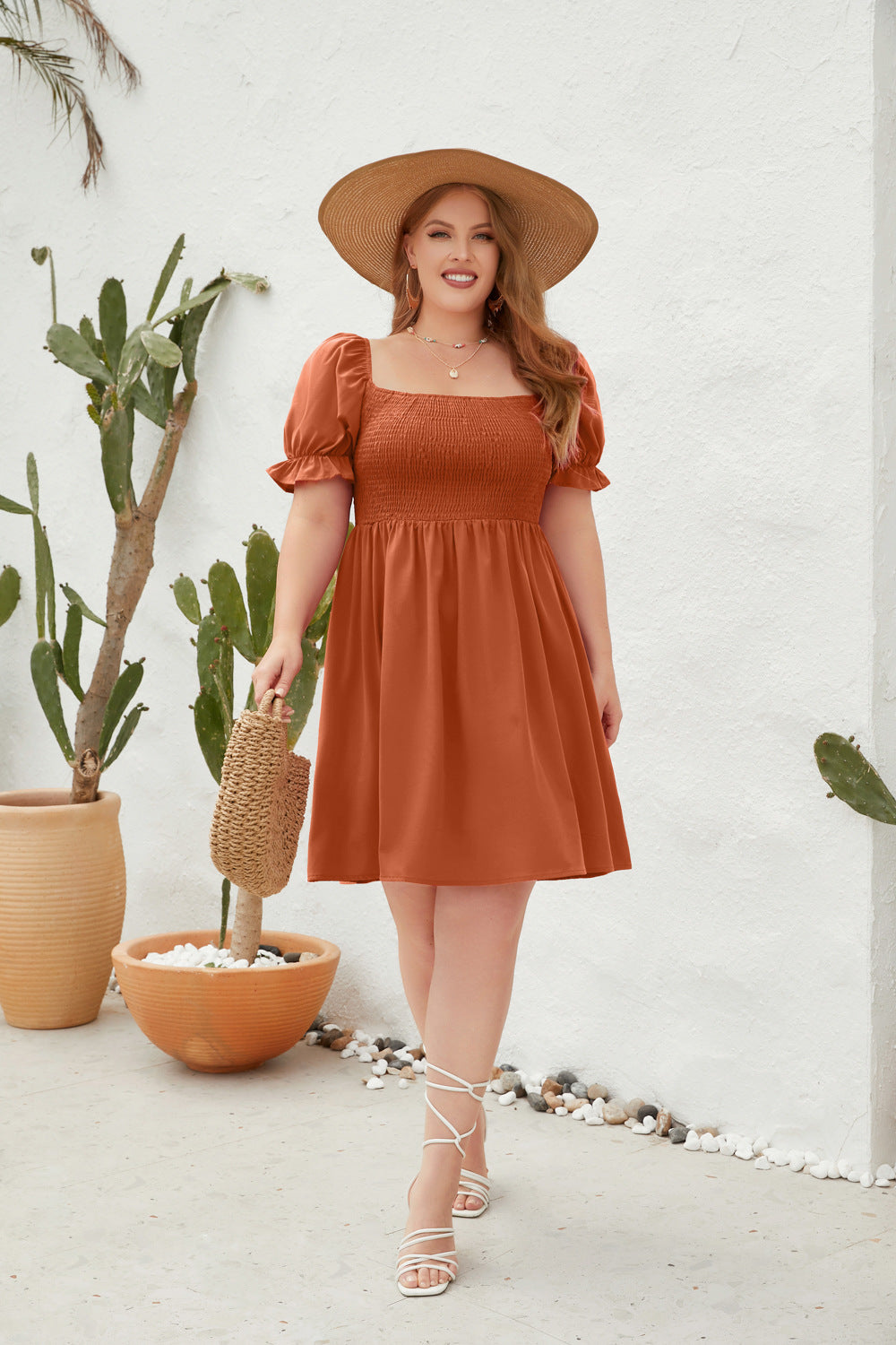 Women's Square Neck Flounce Short Sleeve Shirred Ruffle Hem Dress