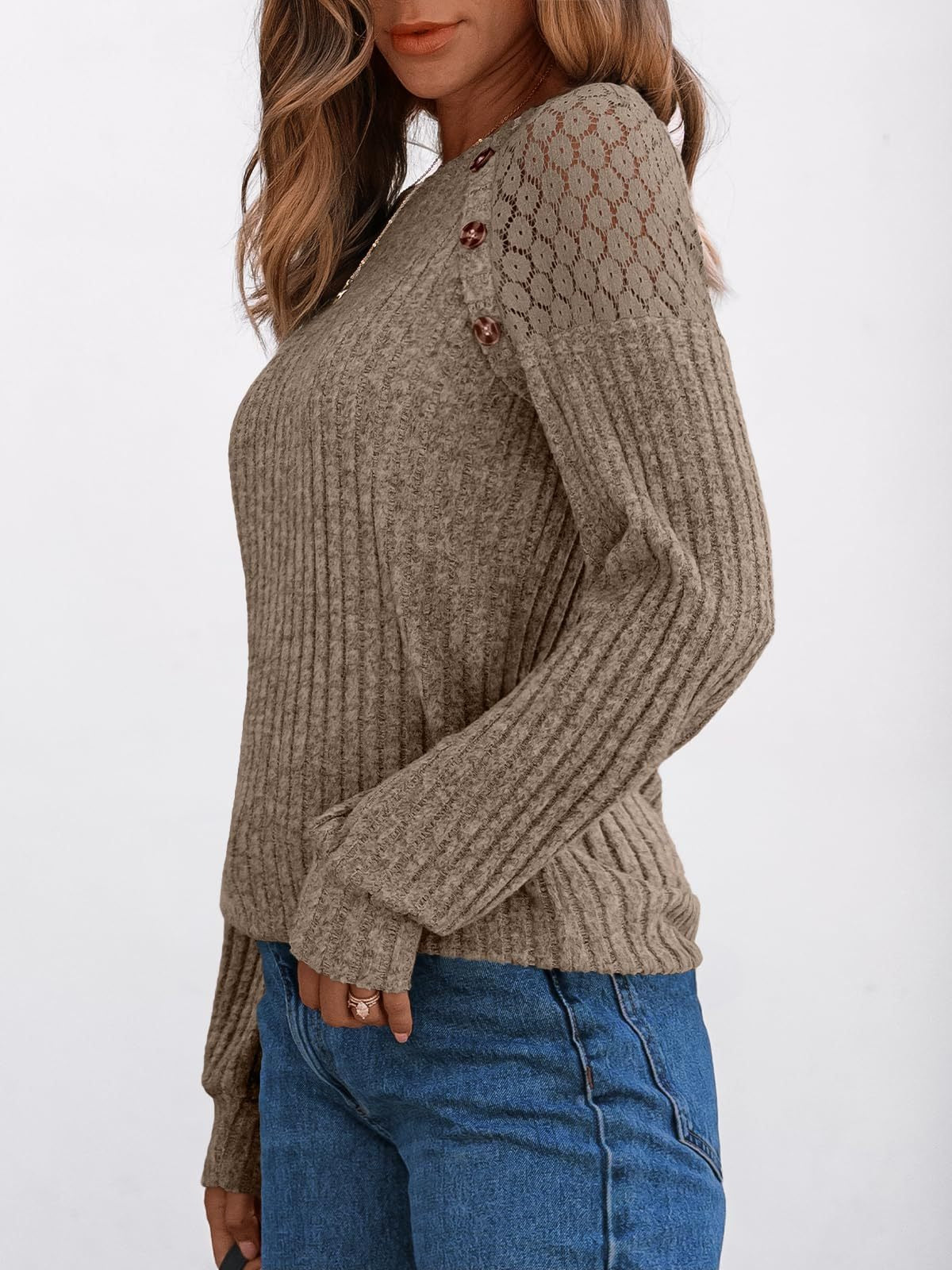 Solid Ribbed Knit Button Pullover with Lace & Buttons