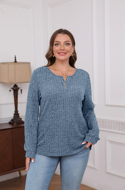 Ribbed V-Neck Button Knit Long Sleeve Pullover