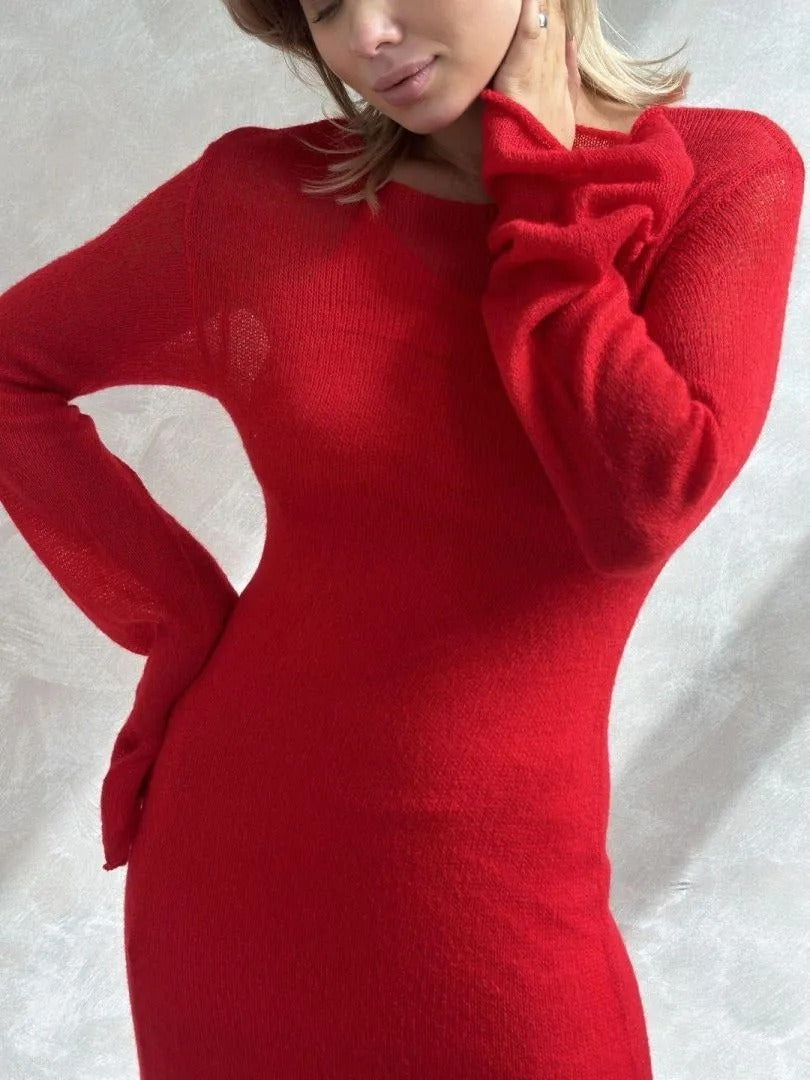Sheer Knit Maxi Dress Set Long Sleeve Overlay with Slip