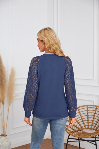 Lace Sleeve Pleated Blouse - Round Neck Long Sleeve Top