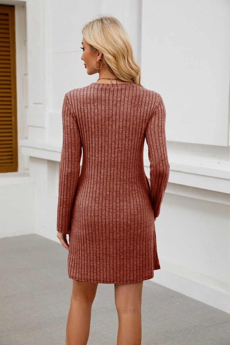 Ribbed Knit Button Dress - Long Sleeve A-Line Sweater