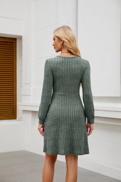 Square Neck Ribbed Knit Dress with Pockets