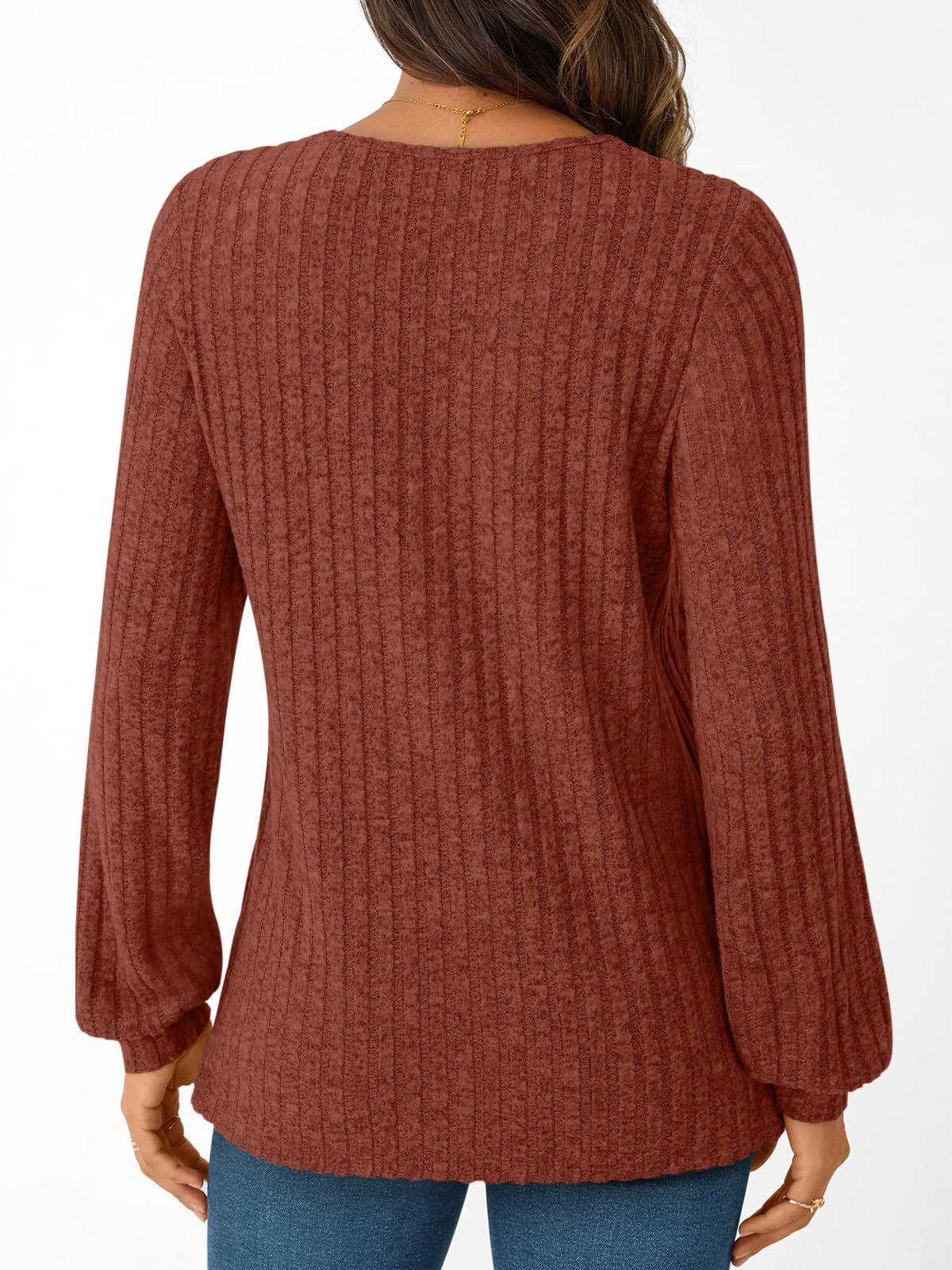 Textured Rib Knit V-Neck Pullover Long Sleeve Top