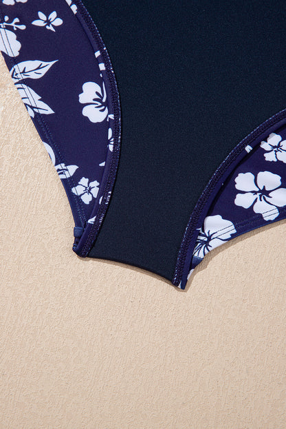 Sky Blue Crossed Back Floral Print Asymmetric Knot Side One Piece Swimsuit
