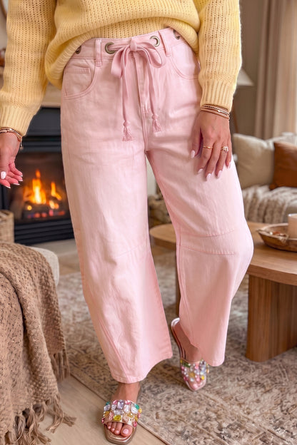 Yellow Solid Color Grommet Detail Knot Waist Barrel Jeans