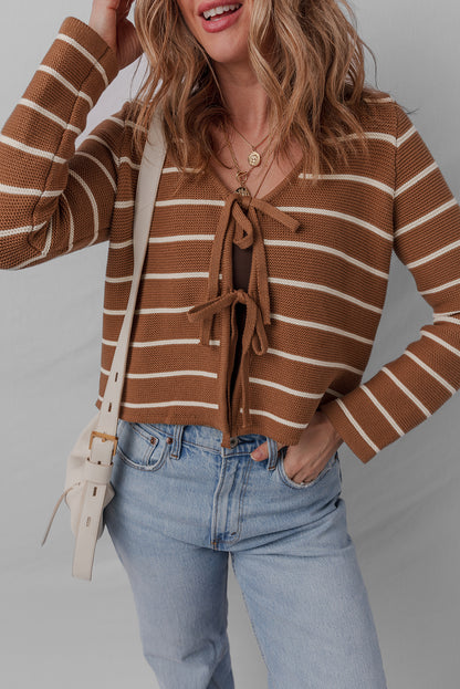 Chestnut Striped Knit Tie Front V Neck Cardigan Sweater