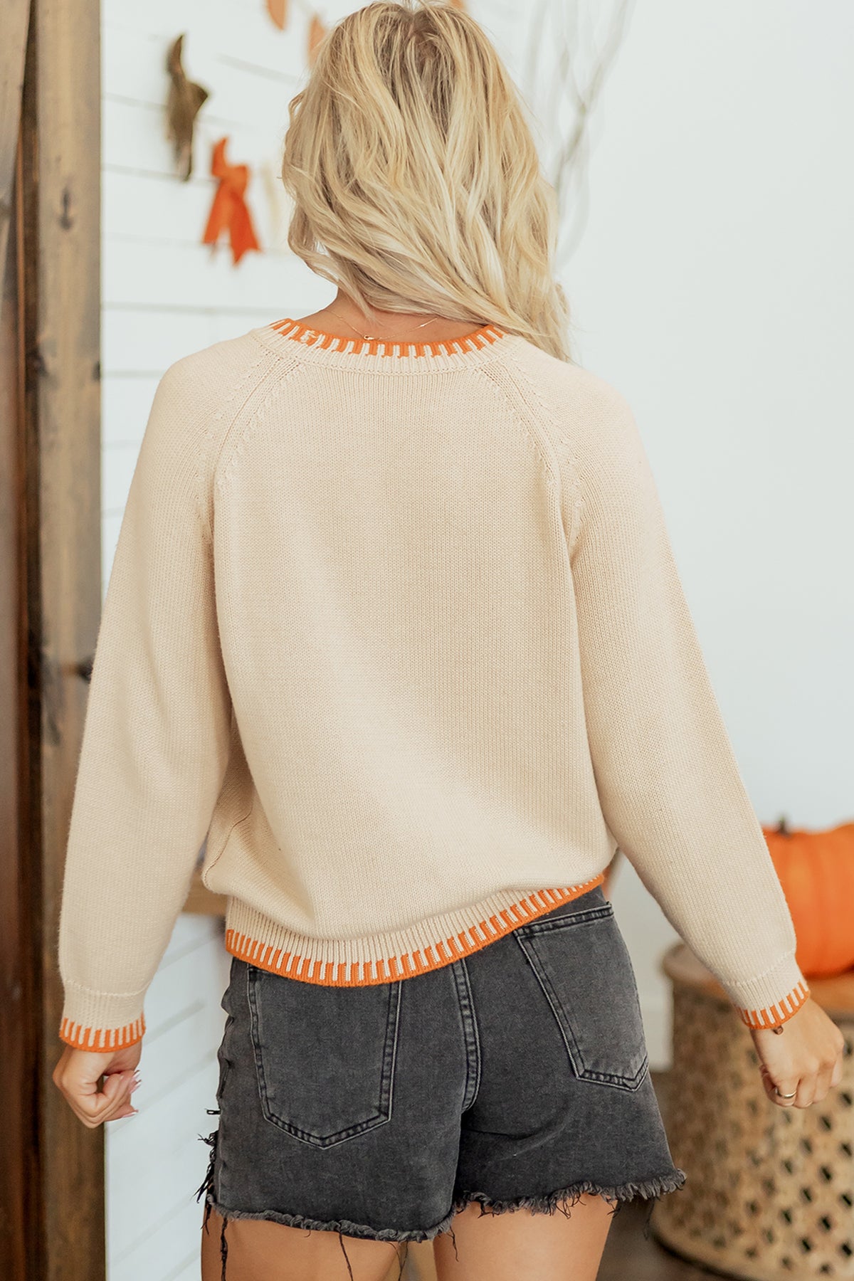 Pumpkin Knit Sweater Autumn Floral Embroidered Relaxed Fit