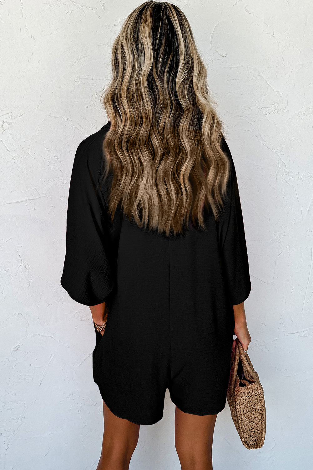 Black Collared Button Front Loose Fit Romper
