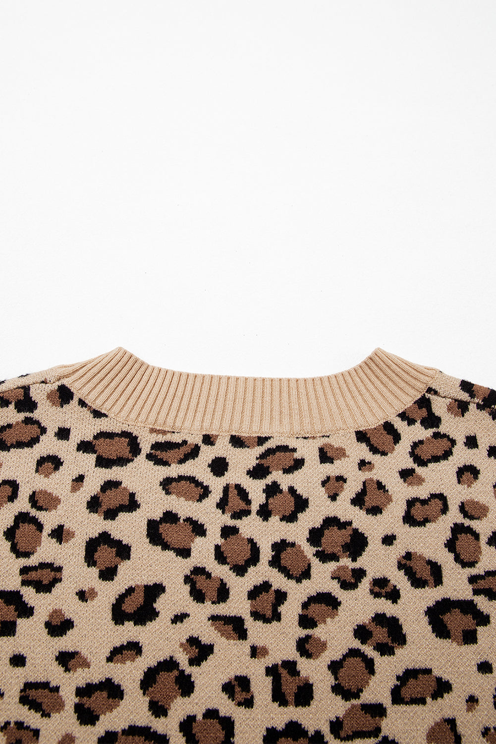 Khaki Leopard Print Crew Neck Long Sleeve Knit Sweater