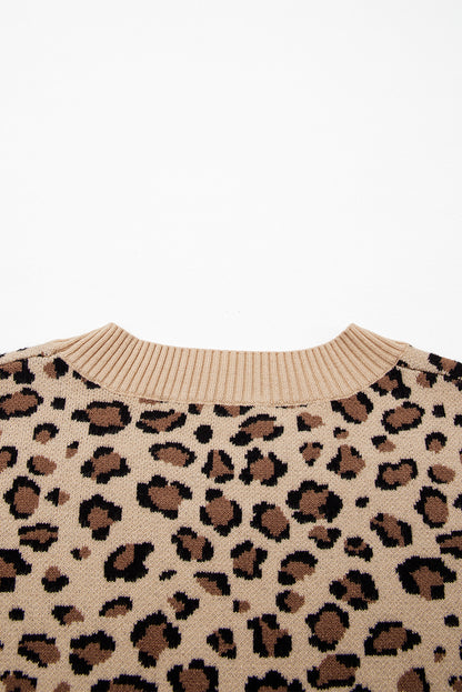 Khaki Leopard Print Crew Neck Long Sleeve Knit Sweater