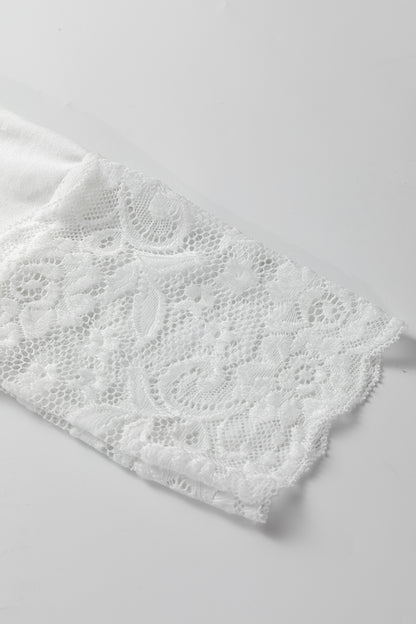 White V Neck Lace Trim Long Sleeve Soft Casual Top