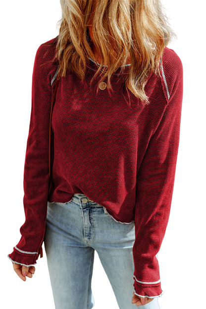 Blue Textured Round Neck Long Sleeve Top