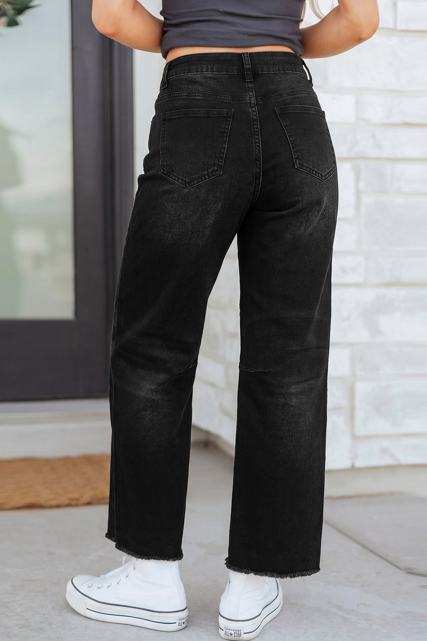 High Waisted Cropped Straight Leg Jeans Raw Hem Denim