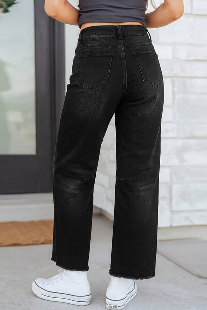 High Waisted Cropped Straight Leg Jeans Raw Hem Denim