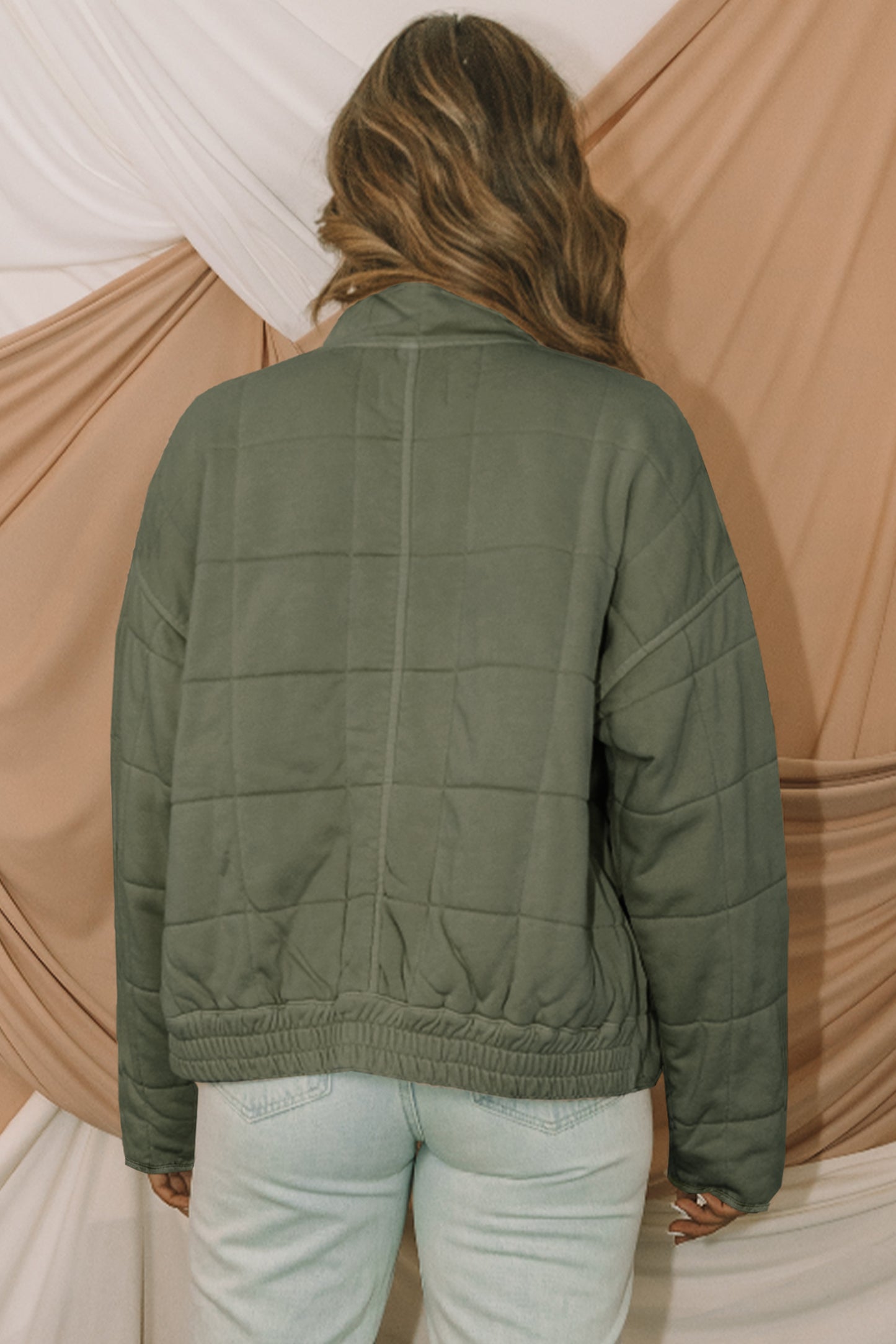 Olive Green Quilted Zip-Up Jacket with Pockets
