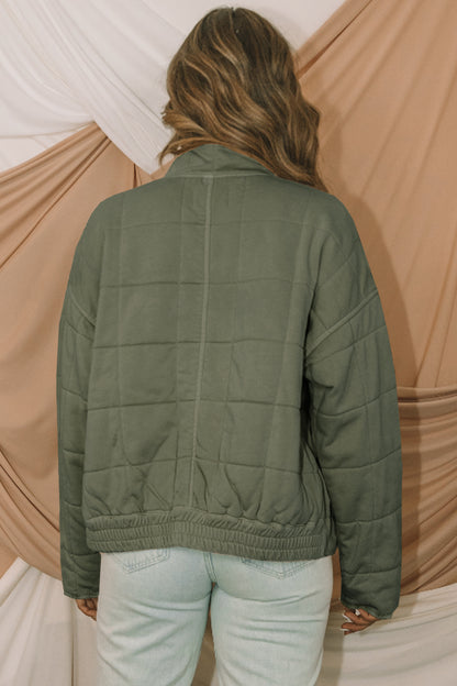 Olive Green Quilted Zip-Up Jacket with Pockets