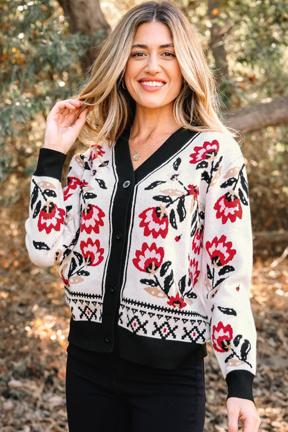 Floral V Neck Button Front Knit Cardigan Sweater