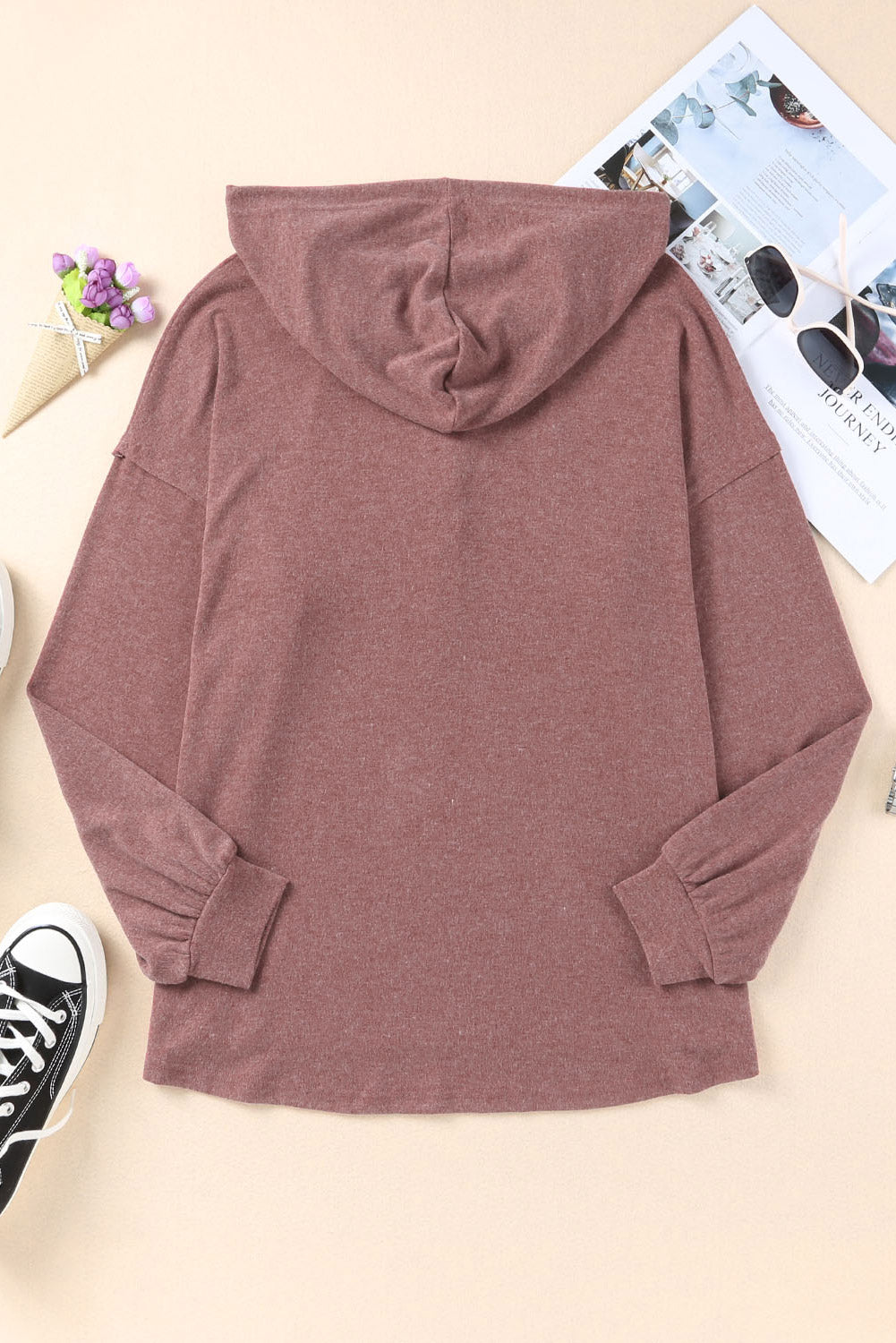 Buttoned High and Low Hem Hoodie