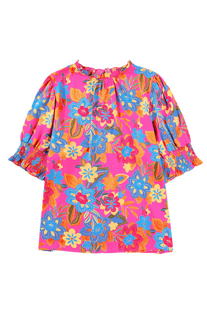 Rose Plus Floral Print Frilly Neck Puff Sleeve Blouse