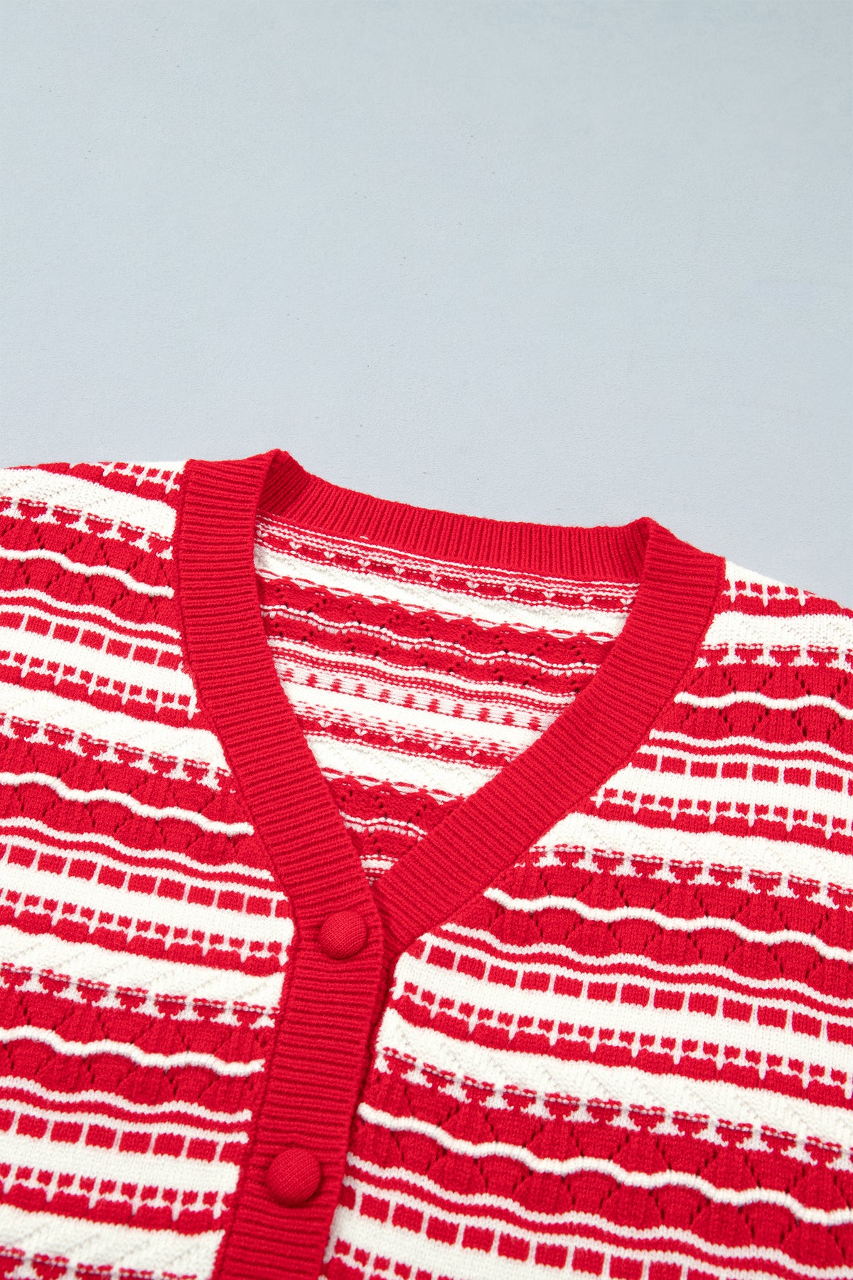 Red Geometric Stripe Button Front Knit Cardigan