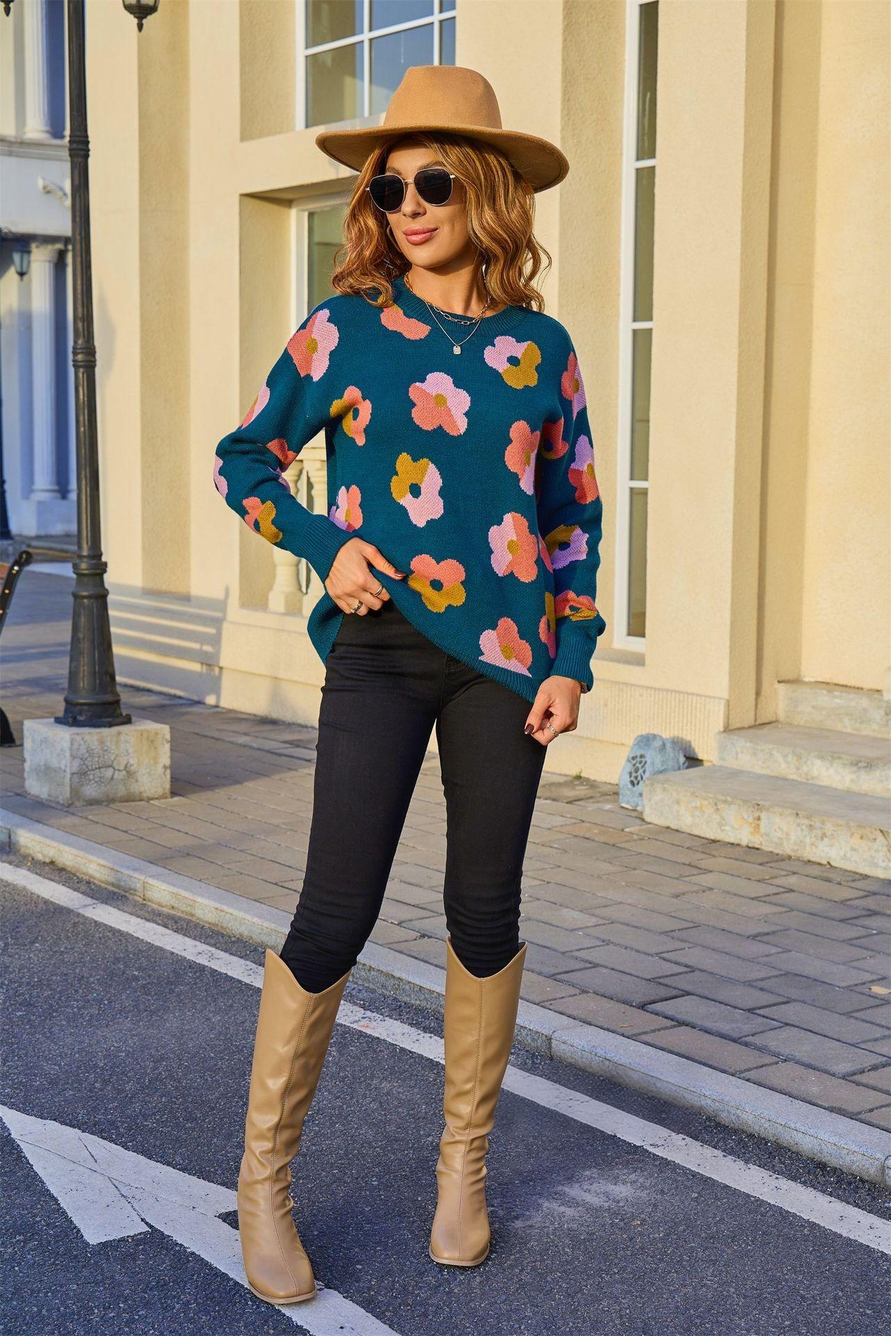 Retro Floral Print Sweater – Colorblock Knit Pullover