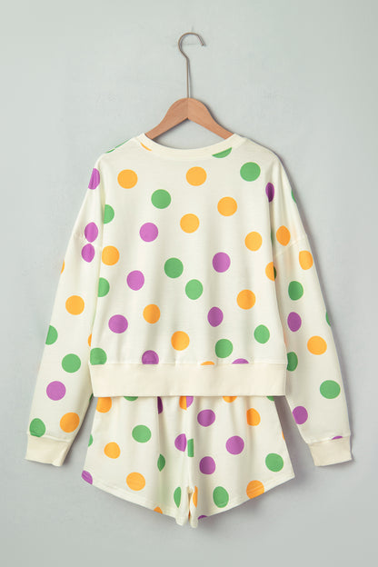 Pink Polka Dot Drop Shoulder Pullover Shorts Set