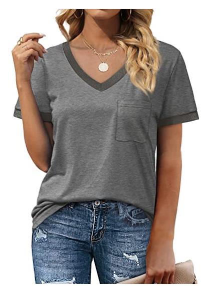 T Shirt Short Sleeve V Neck Loose Casual Top with Pocket Plus Size