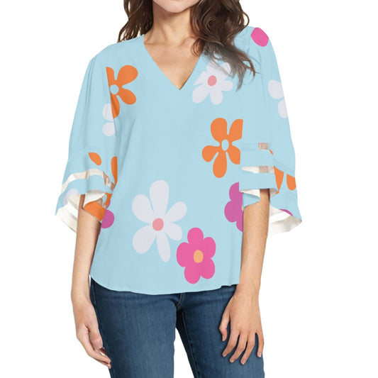 Floral Lace Chiffon Top with Blue Background