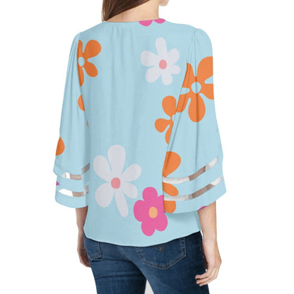 Floral Lace Chiffon Top with Blue Background