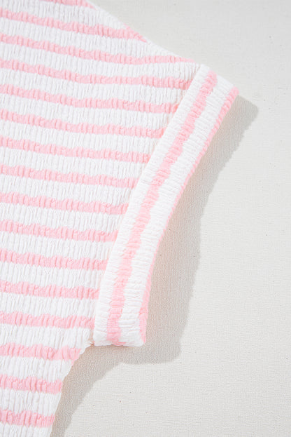 Pink Stripe Textured Knit Lounge Set Drawstring Shorts
