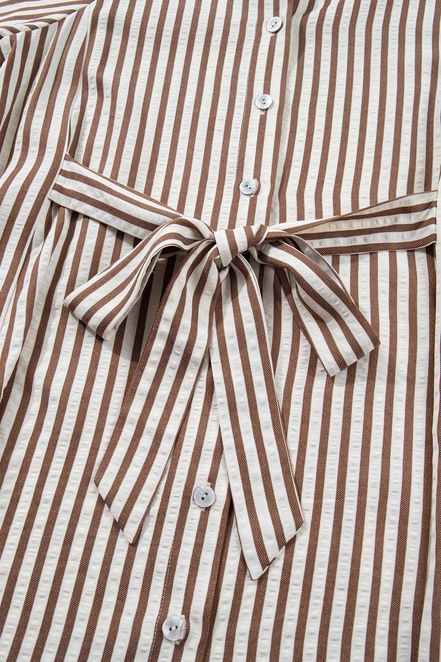 Brown Stripe Knot Waist Puff Sleeve Button Down Shirt Dress